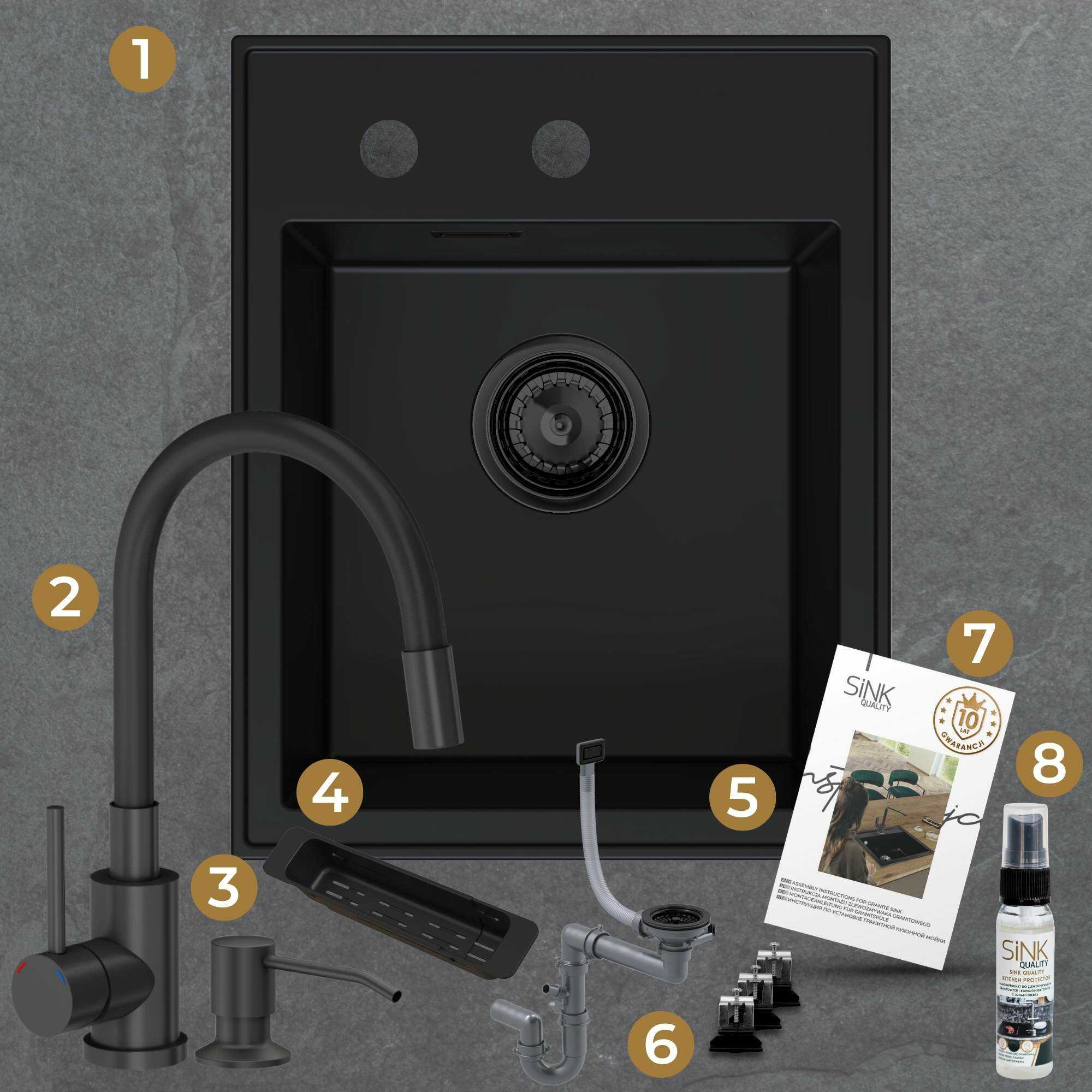 Zestaw gotowy do montażu - zlew, bateria, dozownik, mata, syfon, zaczepy, instrukcja, gwarancja, impregnat